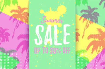  SUMMER SALE up to 30% OFF card with pattern of hand drawn palm trees. Retro tropical bargain sale. Horizontal discount poster for seasonal advert. Deal banner.