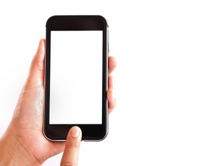 The woman's hand is holding the phone in his hand. The phone has a white screen.