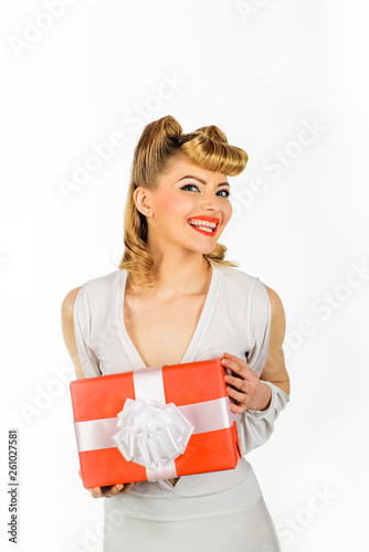 Happy Birthday Retro Style Vintage Woman Woman With Present Box Happy Girl With Gift Smiling Retro