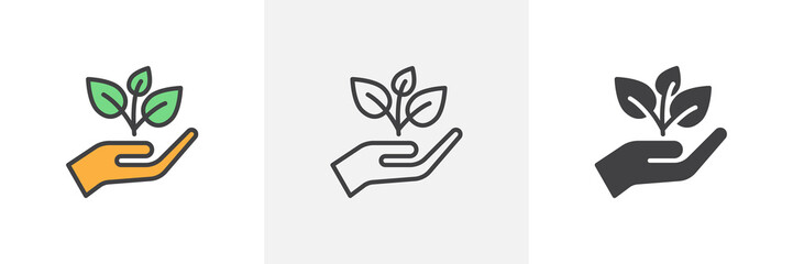 plant, sprout in a hand icon. line, glyph and filled outline colorful version, hand holding plant ou
