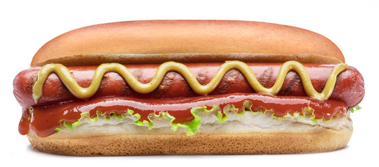 Wall Mural - Hot dog - grilled sausage in a bun with sauces isolated on white background.