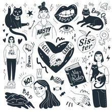 Nasty Girls And Cranky Cats. Vector Collection Of Funny Doodle Feminist Pictures And Symbols. Isolated On White Background.