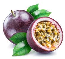 Passion Fruit And Its Cross Section With Pulpy Juice Filled With Seeds. Clipping Path.