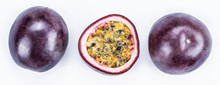 Set Of Two Passion Fruits And Its Cross Section With Pulpy Juice Filled With Seeds. White Background.