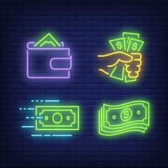 Aufkleber - Dollar bills, hand and wallet neon signs set