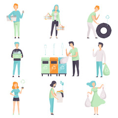 Poster - People gathering, sorting waste for recycling set, young men and women collecting plastic, glass, rubber, paper, organic waste to protect the environment vector Illustrations