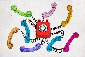 Wall Mural - 3d rendering of red old fashioned wire telephone with colorful wire receivers isolated on white back