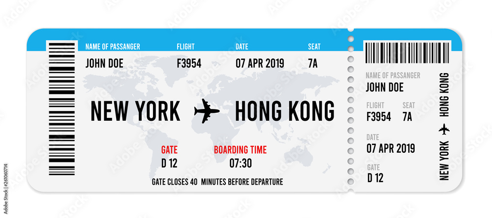 Realistic airline ticket design with passenger name. Vector illustration - obrazy, fototapety, plakaty 