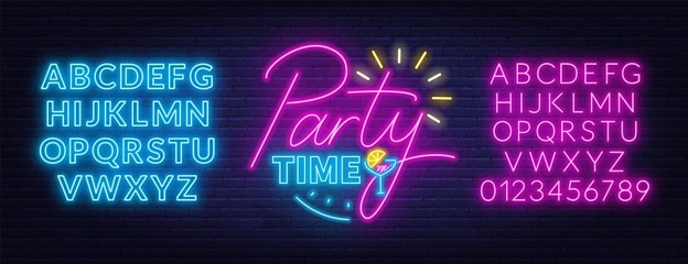 Poster - Party time neon lettering in retro style. Neon fonts. Vector illustration on a dark background.
