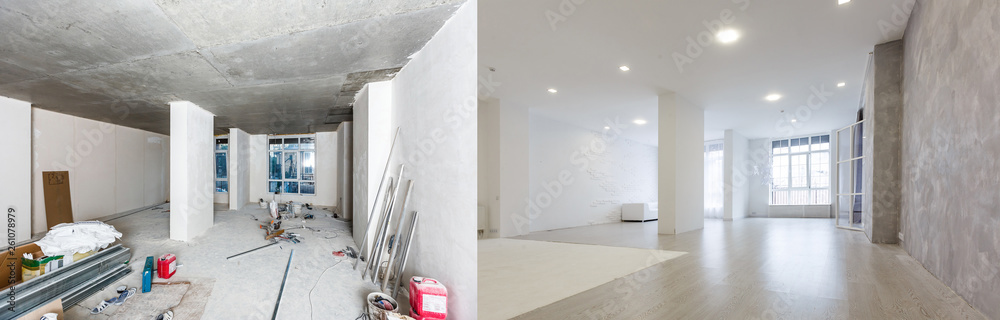 Comparison of a room in an apartment before and after renovation new house - obrazy, fototapety, plakaty 