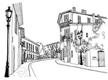 Old City Street In Hand Drawn Sketch Style. Vector Illustration. Small European City. Black And White Urban Landscape On White Background