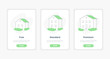 Three tariffs for Real State property, rent options. Three variants of houses. Interface pricing table, price list set, ui ux tariff plan for the site. Flat outline vector concept.