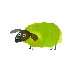 Hand drawn watercolor illustration funny cartoon sheep yellow green  isolated on white background