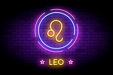 The Leo zodiac symbol, horoscope sign in trendy neon style on a wall. Leo astrology sign with light effects for web or print.