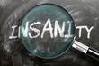 Learn, study and inspect insanity - pictured as a magnifying glass enlarging word insanity, symbolizes researching, exploring and analyzing meaning of insanity, 3d illustration