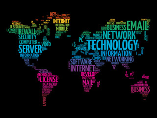 Wall Mural - Technology word cloud in shape of world map, business concept background