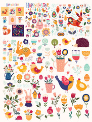 Wall Mural - Big collection of flowers, leaves, birds, bunny and spring symbols	