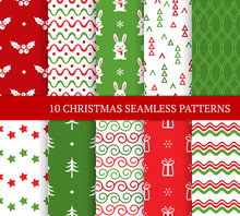 Ten Christmas Different Seamless Patterns. Xmas Endless Texture For Wallpaper, Web Page Background, Wrapping Paper And Etc. Retro Style. Waves, Bunnies, Curls, Stars, Holly And Christmas Trees