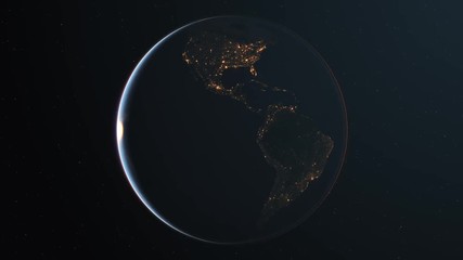 4k slowly rotating realistic earth from space. dark side with night lights. seamless looping. high q