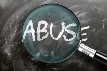 learn, study and inspect abuse - pictured as a magnifying glass enlarging word abuse, symbolizes res