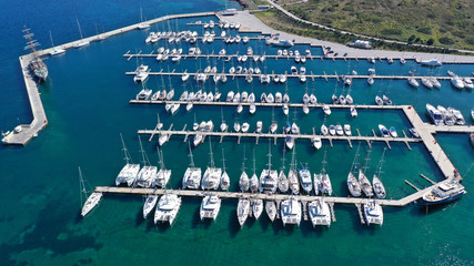 Aerial drone photo of large marina near port of Lavrio with boats and yachts docked, Attica, Greece