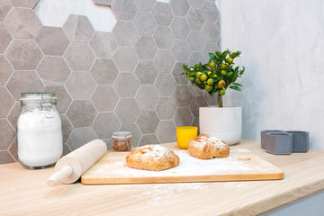 Poster - Baking bread. Dough on wooden table with flour and vintage rolling-pin