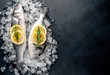 chilled raw sea bass and dorado fish with lemon and rosemary on ice, on a stone background, with copy space for your text
