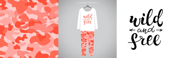 Seamless coral military pattern and illustration for kid with lettering Wild and free. Cute design pajamas on hanger. Baby background for clothes, room birthday decor, t-shirt print, kids wear fashion