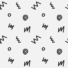 Memphis style seamless vector pattern with hand drawn zig zag lines and circles. Trendy monochrome abstract background. Black and white repeating texture for print, textile, packaging, wrapping.