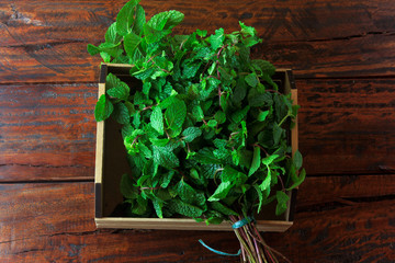 Group of green organic fresh mint in basket over rustic wooden desk. Aromatic peppermint with medicinal and culinary uses