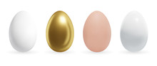 Realistic Chicken Egg Set. Golden, Brown And White Eggs. Isolated Vector Illustration. Easter Concept.