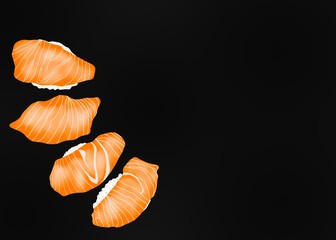 Japanese food style, Sushi salmon with lemon sliced on black isolated on black background for Asian restaurant menu, Hand drawn, Collection food concept (Nigiri Sushi)