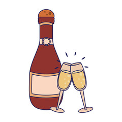 Champagne bottle and cups cartoon isolated blue lines