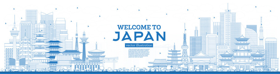 Wall Mural - Outline Welcome to Japan Skyline with Blue Buildings.