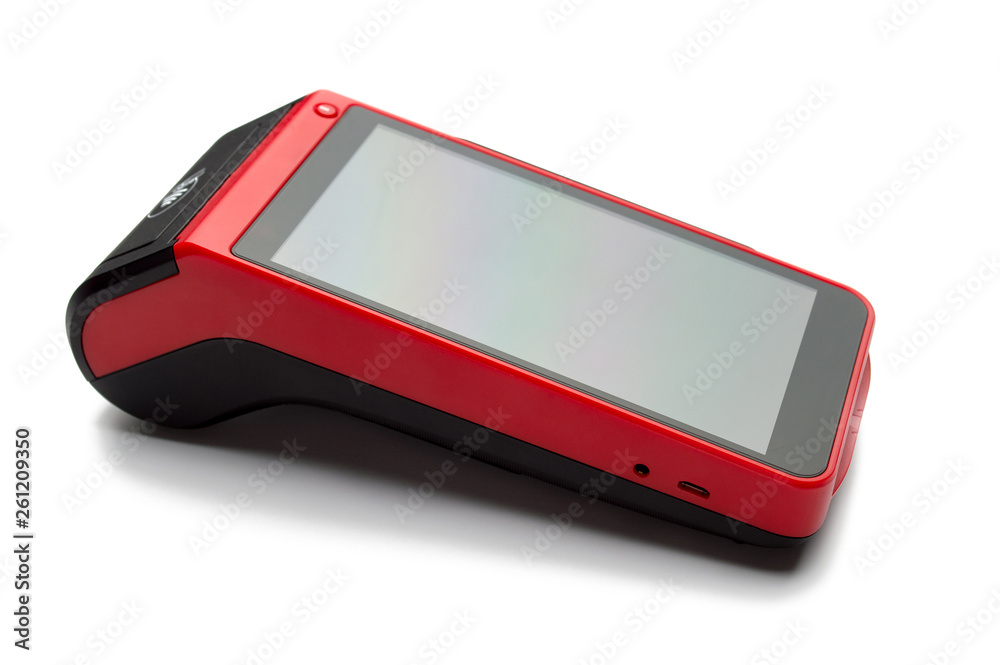 Mobile smart aPOS EDC machine with NFC technology. Close up photo of ...