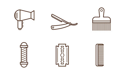 Wall Mural - Vector set of barbershop objects. Hair dryer, blade, comb, manual razor and barber pole. Linear icons