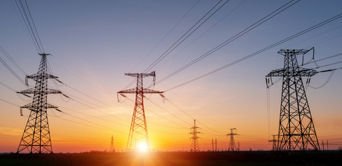 Wall Mural - high voltage power lines in the winter. thermal power plant. high-voltage transformer substation.