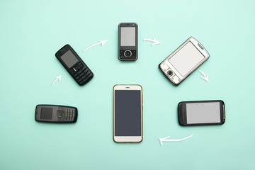 evolution of cell phones. technology development telephone and pda concept. vintage and new phones. 