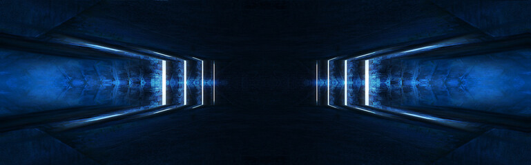 Fototapete - Abstract tunnel, corridor with rays of blue and pink light and neon highlights. Abstract blue and pink background, neon. Empty dark room with rays and lines. Brick walls, concrete floor. Night view. 3