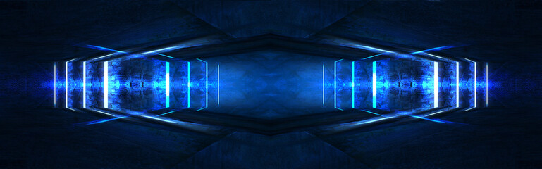 Abstract tunnel, corridor with rays of blue and pink light and neon highlights. Abstract blue and pink background, neon. Empty dark room with rays and lines. Brick walls, concrete floor. Night view. 3