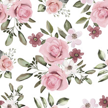 Seamless Pattern With Leaves And Flowers. Floral Background Design. Watercolor Illustration. Original Pattern For Fabric, Wallpaper, Paper. Pink Roses With Wildflowers.