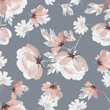 Seamless pattern with flowers and leaves. Floral background for Wallpaper, paper and fabric. Watercolor painting with beige flowers on grey tiles.