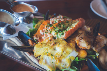 Icelandic seafood plate cuisine made of lobster fish and mussells. Iceland national food.