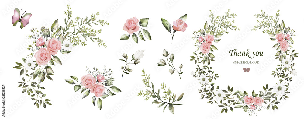 Watercolor drawing. Botanical set for weddings or greeting cards. Flower illustration. Composition of pink roses, white flowers,  wild herbs. A set of bouquets, twigs, flower elements and garden herbs - obrazy, fototapety, plakaty 