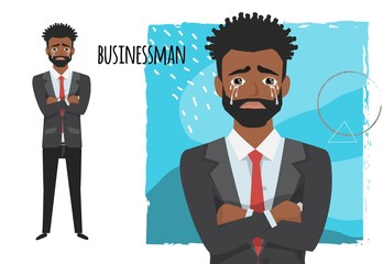 Crying black african american businessman. Negative emotion facial expression feeling. Businessman is sad crying