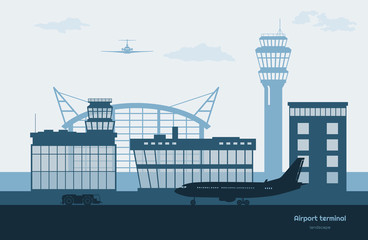 Landscape of airport. Transportation terminal silhouette. Airplane on aerodrome background. Aviation scene