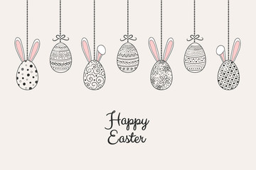 Wall Mural - Easter banner with hand drawn eggs and bunnies. Vector