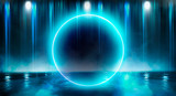 Fototapeta Do przedpokoju - Neon circle, neon lights. Neon circle with spotlights. Abstract light. Night view. Blue abstract background with rays and lines.