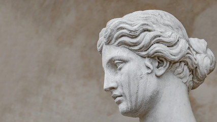 Wall Mural - Ancient statue of sensual Italian renaissance era woman with long neck and curly hairs, Potsdam, Germany, details, closeup