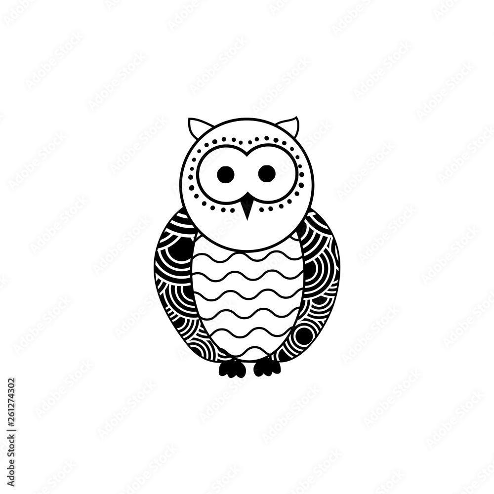 Stylized owl silhouette vector illustration. Night bird black and white ...